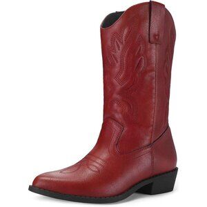 mysoft Women's Red Western Cowboy Boots Mid Calf Pointed Toe Cowgirl Shoes